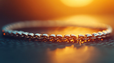 This stunning close-up features an elegant gold chain bracelet against a glowing sunset background. The warm tones and soft reflections showcase the exquisite craftsmanship and luxury of the piece, making it perfect for fashion and jewelry enthusiasts.の素材