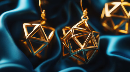 Stunning geometric earrings crafted from gold metal, elegantly displayed on soft blue satin fabric, creating a luxurious and artistic visual composition.の素材