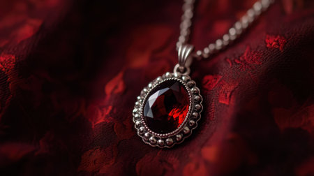 A stunning red gemstone pendant set in silver, draped elegantly on a textured fabric backdrop, capturing the essence of luxury and beauty.の素材