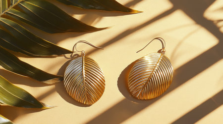 Beautiful gold leaf earrings showcase a stunning design against a soft yellow background, with natural shadows enhancing their elegance and style.の素材