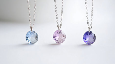 This image features elegant gemstone necklaces with beautifully faceted crystals in blue, pink, and purple. Each pendant hangs delicately on a fine chain, showcasing unique colors and sparkle, perfect for adding a touch of elegance to any outfit.の素材