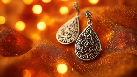 Delicate silver teardrop earrings adorned with intricate detailing and sparkling gems set against a vibrant orange background, perfect for fashion enthusiasts.の素材