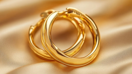 Close-up view of elegant gold hoop earrings resting gracefully on soft satin fabric, showcasing their reflective surface and luxurious vibe, perfect for fashion.の素材