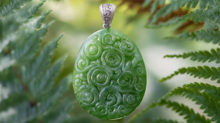This stunning green jade pendant features an intricate swirl design, elegantly showcased against a backdrop of lush green ferns, exuding natural beauty.の素材