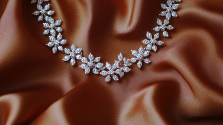 A stunning jewelry necklace featuring intricate designs and sparkling gemstones, elegantly set against a smooth, rich satin fabric background. Perfect for showcasing luxury and beauty.の素材