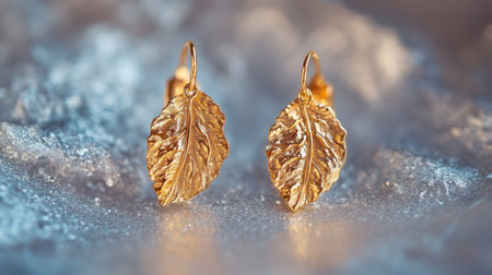 Beautiful gold leaf earrings featuring intricate design and delicate details, set against a soft, sparkling background, perfect for fashion enthusiasts.の素材