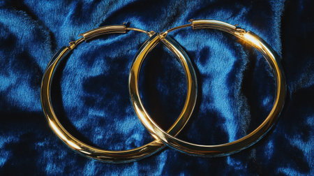 A pair of elegant gold hoop earrings resting gracefully on a rich blue velvet fabric. The shiny surface captures light beautifully, enhancing luxury and style.の素材