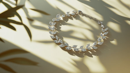This captivating image showcases an elegant silver bracelet adorned with sparkling stones, beautifully illuminated by soft natural light, creating mesmerizing shadows.の素材