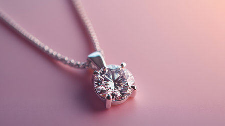 Stunning silver necklace featuring a brilliant round diamond pendant, resting on a soft pink background, perfect for fashion lovers and special occasions.の素材