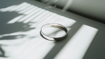 A captivating silver ring is elegantly placed on a surface, showcasing soft shadows and natural light. The minimalist design and interplay of light emphasize its beauty and simplicity.の素材