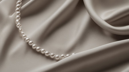 This stunning image features elegant white pearls laid on soft beige satin fabric, creating a luxurious background perfect for fashion and jewelry themes.の素材