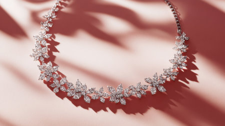This exquisite diamond necklace showcases a delicate floral design set against a soft pink background, perfect for highlighting elegance and luxury.の素材