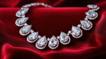 A stunning diamond necklace featuring sparkling pear-shaped stones and intricate design elements. It rests elegantly on plush red fabric, perfect for showcasing luxury and style.の素材
