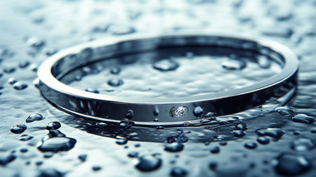 This image showcases an elegant silver bracelet featuring a sparkling gem, set against a tranquil water surface adorned with droplets and bubbles.の素材
