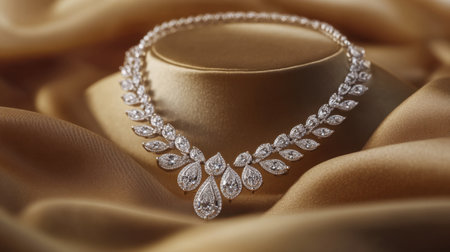 This stunning diamond necklace rests elegantly on soft golden satin, highlighting its exquisite design and sparkle. The luxurious setting enhances the beauty of the jewelry, making it perfect for fashion shoots or advertisements.の素材