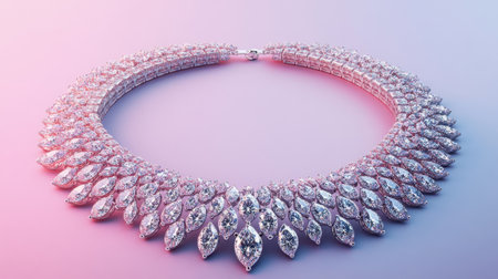 This stunning necklace features an intricate design with sparkling diamond-like gemstones. Perfect for showcasing luxury and elegance in fashion.の素材