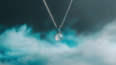 This captivating image features an elegant silver necklace with a round pendant gracefully suspended over a soft, foggy backdrop, evoking elegance and beauty.の素材