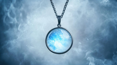 This captivating image features an elegant pendant necklace with a striking blue crystal, set against a mystical foggy backdrop, creating an enchanting atmosphere.の素材