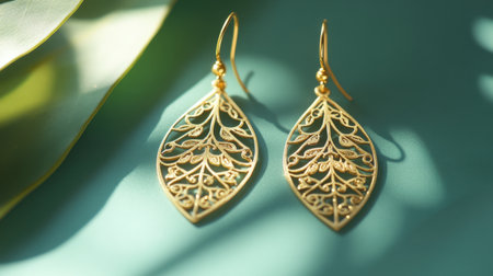 Stunning golden earrings featuring intricate filigree work in a stylish leaf design, set against a vibrant turquoise background, highlighting elegance.の素材