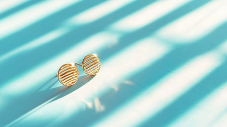 A pair of stylish golden sunglasses rests gracefully on a blue surface, illuminated by soft shadows that enhance their modern aesthetic and elegant design.の素材