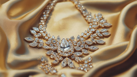 Stunning diamond necklace rests on smooth satin fabric, showcasing exquisite craftsmanship and luxury. Ideal for fashion photography and jewelry displays.の素材