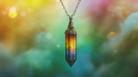 A mesmerizing rainbow crystal pendant captures the light, set against a colorful and dreamy background, ideal for jewelry lovers and art enthusiasts.の素材