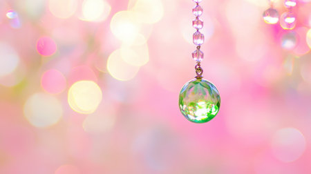 A stunning green crystal pendant hangs delicately amidst a mesmerizing bokeh background of soft pastel colors, creating a dreamy and elegant atmosphere.の素材