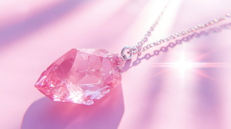 A stunning pink crystal pendant hangs gracefully from a silver chain, radiating sparkle and elegance against a soft pastel pink background, perfect for fashion and jewelry enthusiasts.の素材