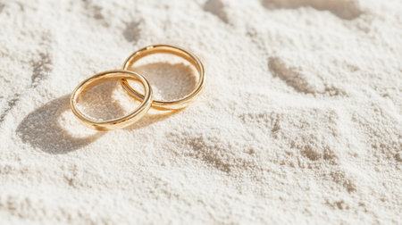 Beautifully designed gold wedding rings resting on a soft white powdery surface, symbolizing love and commitment in a romantic setting. Perfect for capturing heartfelt moments.の素材