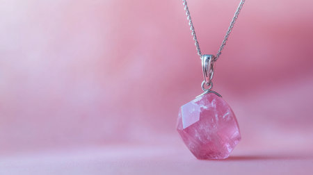 This captivating image features a pink crystal pendant elegantly suspended from a silver chain, set against a soft pink backdrop, ideal for showcasing stylish jewelry.の素材