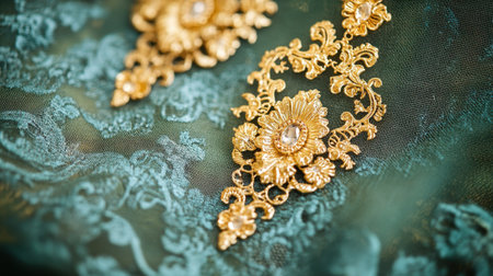 Close-up view of stunning gold brooches adorned with intricate floral designs against luxurious fabric, showcasing elegance and intricate craftsmanship.の素材