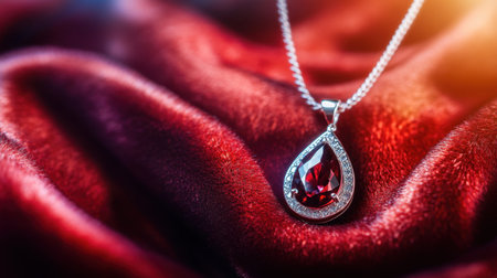 This striking image features an elegant teardrop red gem necklace displayed on a rich velvet background, showcasing its intricate design and luxurious appeal. Perfect for highlighting fashion accessories and jewelry.の素材