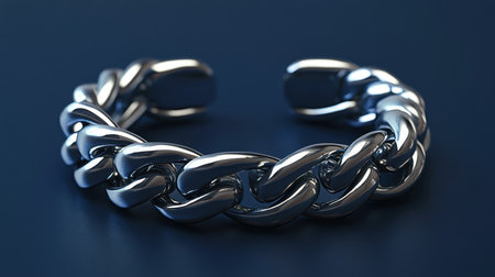 A stunning silver chain bracelet features a glossy metallic finish, perfect for any fashion-forward individual. This modern jewelry piece highlights elegance and unique craftsmanship against a deep blue background.の素材