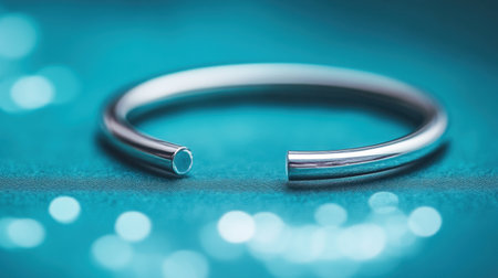 A detailed close-up view of a sleek thin silver bracelet resting on a soft blue background, enhanced by a beautiful bokeh effect that adds charm.の素材