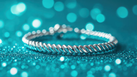 This image features a stunning silver bracelet elegantly displayed against a glittering teal background, highlighting its intricate design and sparkle.の素材