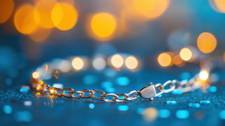 This stunning close-up photo features a shiny silver bracelet against a vibrant bokeh background. The exquisite details and light reflections enhance its elegance and beauty, making it a perfect visual for fashion or jewelry-related themes.の素材