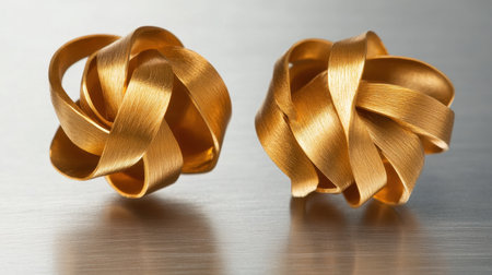Two intricate golden ribbons twisted into decorative knots sit on a sleek metallic surface, adding elegance and charm to any craft project.の素材