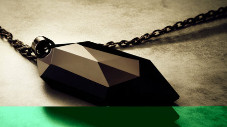 A stunning black gemstone pendant features sharp facets and a sleek design, suspended on a dark chain. Perfect for showcasing elegance and style in jewelry.の素材