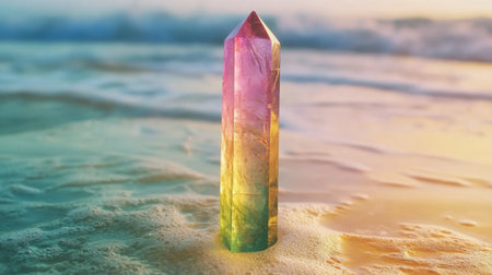 This captivating image features a vibrant, colorful crystal point emerging from gentle ocean waves during a stunning sunset, evoking tranquility and beauty.の素材
