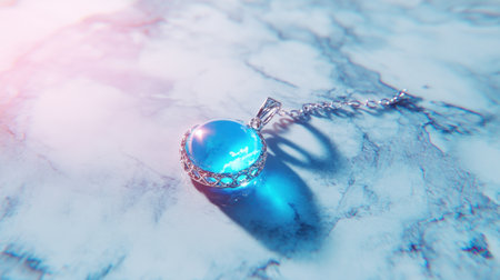 This striking image features an elegant blue pendant necklace set in a beautiful silver design, resting on a textured marble surface.の素材
