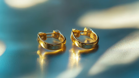 A pair of elegant gold hoop earrings showcasing a beautiful design, capturing light reflections on a soft focus background to emphasize luxury and style.の素材