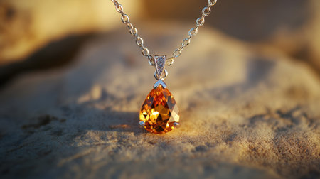 A captivating orange teardrop gemstone pendant necklace rests atop a textured stone surface, illuminated by warm, soft lighting. Ideal for jewelry enthusiasts.の素材