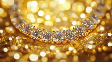 An exquisite close-up of a sparkling diamond necklace elegantly set against a luxurious gold background, highlighted by a beautifully blurred bokeh effect.の素材