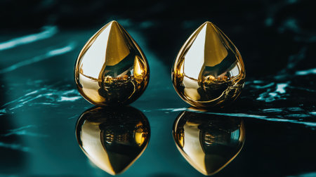 Captivating image of reflective golden droplets on a dark marble surface, showcasing luxury and elegance in a minimalist aesthetic. Perfect for sophisticated designs.の素材