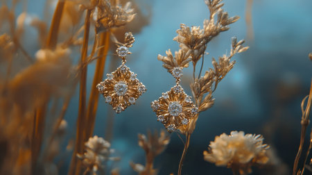 Discover the beauty of these elegant silver floral earrings set against a backdrop of delicate golden flowers, perfect for enhancing any outfit.の素材