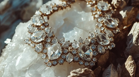 This captivating vintage necklace features sparkling crystals and intricate details, beautifully arranged on natural quartz and stone, showcasing timeless elegance.の素材
