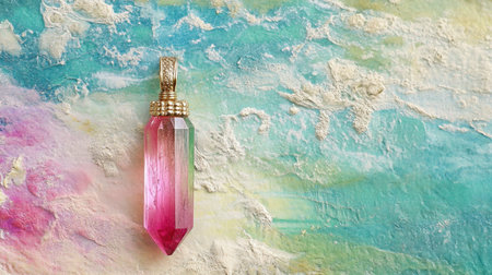 This image features a stunning pink crystal pendant with a golden cap, beautifully suspended against a colorful abstract background showcasing pastel hues and textures.の素材