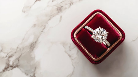 A stunning solitaire diamond ring displayed on a plush red velvet cushion, set against a smooth marble background, perfect for luxury jewelry promotions.の素材