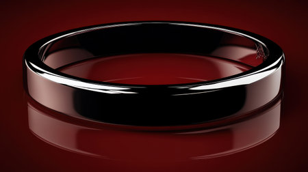 This stunning black ring sits elegantly against a glossy red background, highlighting its smooth surface and modern design, perfect for jewelry displays.の素材