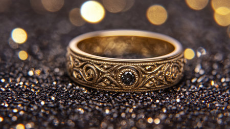 A stunning vintage gold ring featuring an intricate design and a striking black gemstone, set against a shimmering bokeh background perfect for showcasing elegance and style.の素材